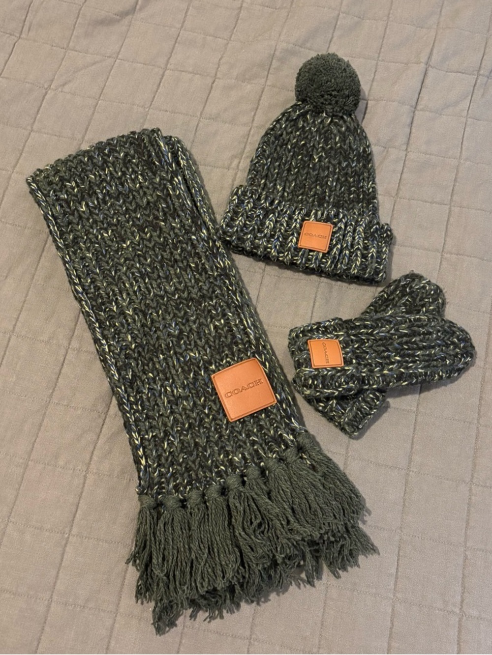 Coach Women's Pom Beanie, Fingerless Gloves & Fringe Scarf Set - Olive